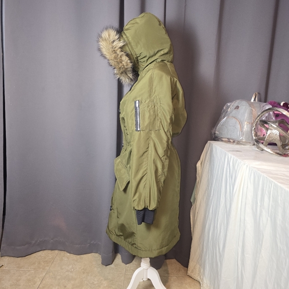 H&M Faux Fur Hooded Green Parka Coat Women’s S‎ Long Quilted Winter Jacket - Picture 5 of 16